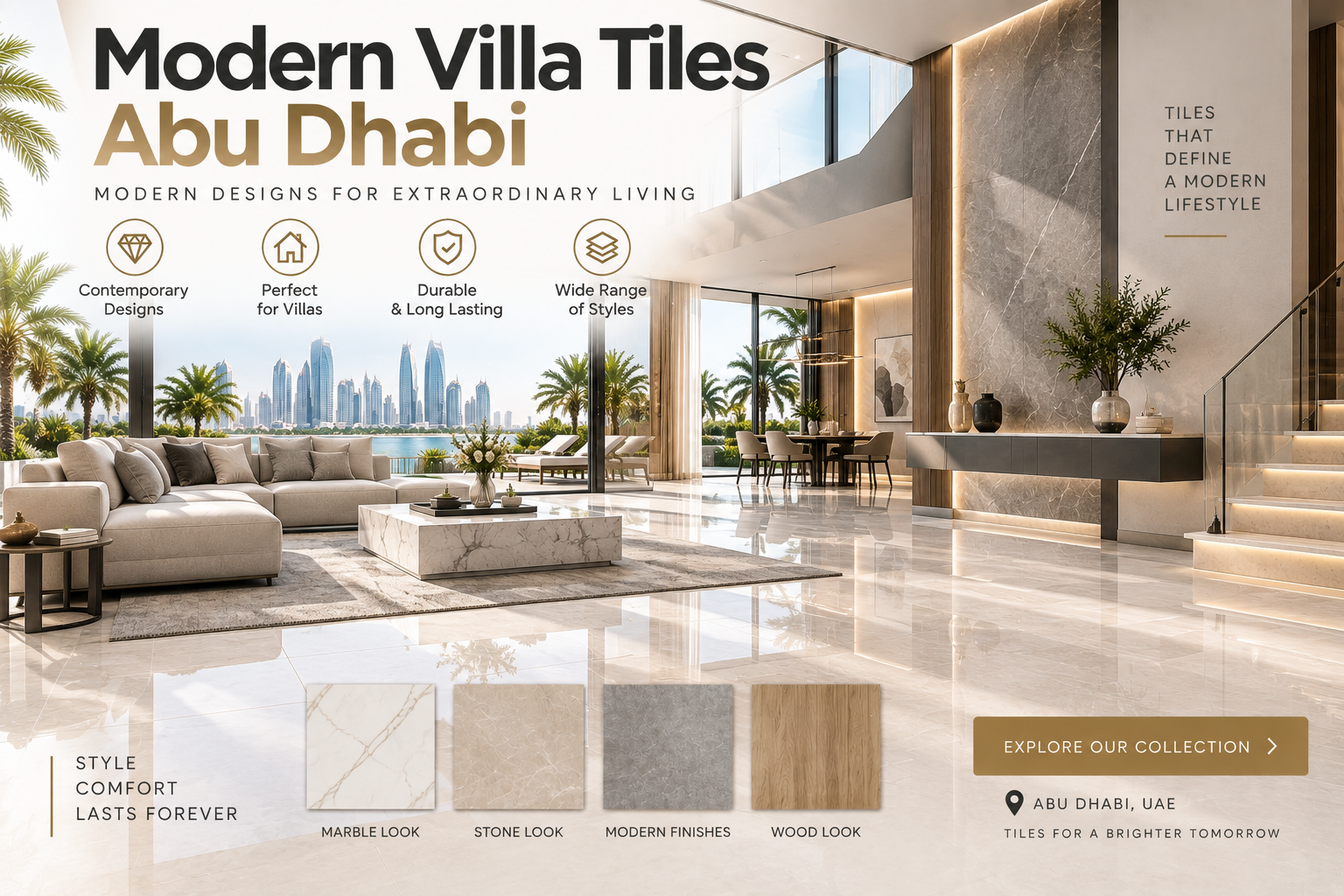 Modern Villa Tiles Abu Dhabi Choosing Modern Villa Tiles Abu Dhabi is an important step when designing a contemporary home with elegant flooring, coordinated walls, sophisticated bathrooms, modern kitchens, and stylish living spaces. The right tiles can create a consistent visual identity throughout the villa while complementing furniture, lighting, cabinetry, and architectural details. Modern villas in Abu Dhabi often feature open spaces, large windows, neutral colors, and clean architectural lines. Large-format porcelain, marble-look tiles, travertine effects, stone-inspired surfaces, beige tiles, greige flooring, and wood-look porcelain are popular design directions for contemporary residential projects. Why Choose Modern Villa Tiles Abu Dhabi? Modern villa interiors focus on simplicity, space, and carefully coordinated materials. Instead of using many unrelated patterns, homeowners and designers can create a refined interior using a consistent palette throughout the property. Popular colors include: Beige Greige Ivory Cream Sand Taupe Warm grey Natural stone tones These shades work well with wood, glass, metal, contemporary furniture, architectural lighting, and minimalist interiors. Porcelain Tiles for Modern Villas Abu Dhabi Porcelain provides extensive design possibilities for modern villa projects. Collections are available in marble, limestone, travertine, concrete, stone, and wood-inspired designs. Porcelain is also available in numerous dimensions and finishes, allowing designers to coordinate different rooms while maintaining the same overall style. When comparing Modern Villa Tiles Abu Dhabi, always check the manufacturer's intended application and technical specifications for the individual product. Large Format Modern Villa Tiles Large-format tiles are particularly attractive for spacious modern villas. They can create broad visual surfaces with fewer visible grout joints and can be considered for suitable living rooms, majlis areas, entrances, dining rooms, corridors, kitchens, bathrooms, and feature walls. Large tiles require appropriate substrate preparation, careful layout planning, suitable setting materials, and professional installation. Modern Living Room Tiles Abu Dhabi Living rooms are often central to contemporary villa design. Large-format porcelain, marble-look flooring, beige tiles, greige surfaces, and natural stone effects can provide an elegant foundation for modern furniture and lighting. For open-plan villas, the same flooring direction can also visually connect the living room with dining and circulation areas. Modern Majlis Tiles Abu Dhabi A modern majlis can combine traditional hospitality with contemporary interior design. Marble-inspired porcelain, travertine-look tiles, warm beige flooring, large-format surfaces, and sophisticated stone effects can create a formal but modern atmosphere. The majlis flooring should coordinate with the villa entrance and nearby reception spaces to create a stronger visual connection. Modern Villa Floor Tiles Abu Dhabi Flooring is one of the most important elements when selecting Modern Villa Tiles Abu Dhabi because it may continue through several major rooms. Modern villa floor tiles can include large-format porcelain, marble-look surfaces, stone effects, beige flooring, greige tiles, and wood-look porcelain. Before choosing flooring, consider room dimensions, furniture layout, lighting, tile size, finish, pattern variation, and transitions between different areas. Modern Kitchen Tiles for Villas Contemporary kitchens often feature minimalist cabinets, large islands, premium countertops, and open layouts. Porcelain flooring, marble-look surfaces, stone effects, neutral large-format tiles, and complementary wall tiles can work with these designs. The tile color should coordinate with cabinets, countertops, appliances, and adjoining dining or living spaces. Modern Bathroom Tiles Abu Dhabi Modern bathrooms can combine clean lines with luxurious surfaces. Marble-look porcelain, travertine-inspired designs, beige and greige tiles, textured wall surfaces, and suitable large-format products provide several design possibilities. Bathroom flooring requires additional attention. Check the manufacturer's intended use and surface characteristics for products installed in wet areas. Modern Bedroom Tiles for Villas Bedrooms can maintain the contemporary villa style while introducing warmer visual materials. Wood-look porcelain, beige flooring, warm greige surfaces, and subtle stone effects can create a calmer atmosphere. Bedroom flooring can also coordinate with dressing rooms, corridors, and adjoining bathrooms. Marble Look Tiles for Modern Villas Marble-look porcelain can add a luxury element without changing the modern character of the villa. Calacatta-inspired designs, subtle white marble effects, warm beige marble looks, grey veining, and other contemporary patterns can be used for suitable floors and walls. For highly varied designs, viewing several physical samples helps show how the complete pattern may appear across a larger space. Modern Outdoor Villa Tiles Abu Dhabi The modern villa concept can continue into terraces, balconies, courtyards, and entrance areas. Indoor and outdoor tiles do not necessarily need to be identical. A visually coordinated exterior product can maintain the design while meeting different application requirements. Not every porcelain product is automatically suitable outdoors, so always confirm the manufacturer's intended area of use. Where to Buy Modern Villa Tiles Abu Dhabi Customers searching for Modern Villa Tiles Abu Dhabi should compare more than photographs online. Visit or request physical samples to evaluate the actual color, texture, finish, dimensions, and pattern variation. For a complete villa project, consider how different collections will work together before ordering. Confirm product codes, required quantities, technical specifications, intended applications, and current stock availability. Conclusion Choosing Modern Villa Tiles Abu Dhabi can help create a sophisticated home with consistent flooring, coordinated walls, elegant bathrooms, contemporary kitchens, and refined living spaces. Large-format porcelain, marble-look surfaces, beige and greige tiles, travertine effects, stone-inspired designs, and wood-look porcelain provide options for different modern villa styles. Modern Villa Tiles Abu Dhabi
